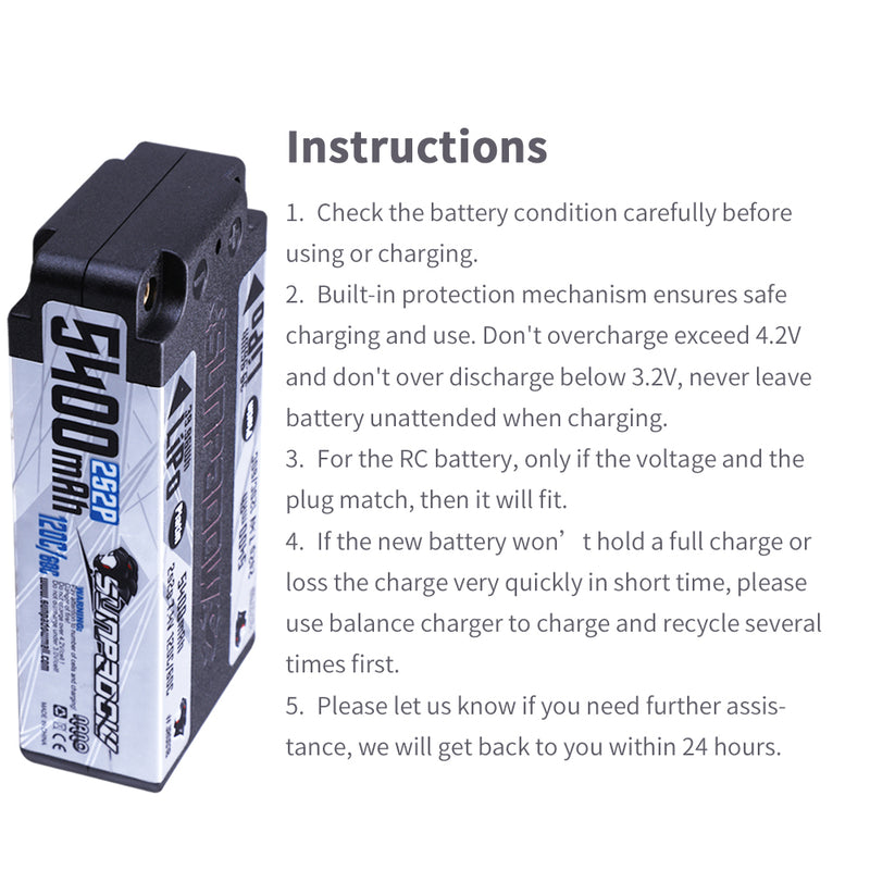 2024 Sunpadow TOP Series Lipo Battery 5400mAh 7.4V 2S2P 120C Shorty Hardcase with 4mm Bullet for RC Car Vehicle Match