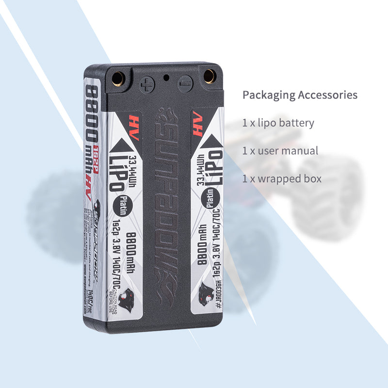 2024 Sunpadow HV series Lipo Battery 8800mAh 3.8V 1S2P 140C SHORTY ULCG with 5mm bullet for RC Car Competition