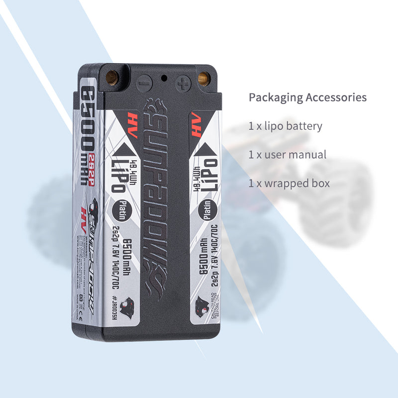 2024 Sunpadow HV series SHORTY Lipo Battery 6500mAh 2S2P 7.6V 140C with 5mm Bullet for RC Car Race