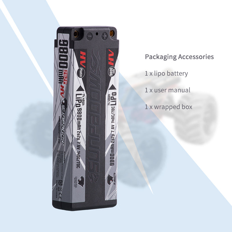 2024 Sunpadow HV Series Lipo Battery 9800mAh 7.6V 2S2P 140C with 5mm Bullet for RC Car Competition