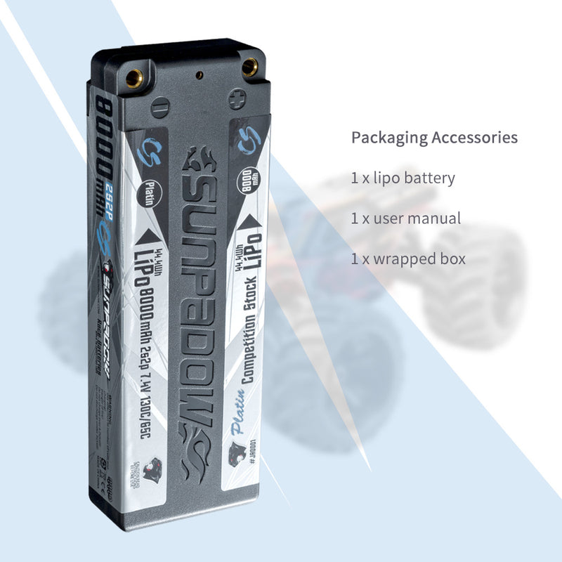 2024 Sunpadow TOP Series Lipo Battery 8000mAh 7.4V 2S2P 130C with 5mm Bullet Suggest for Stock Class Competition