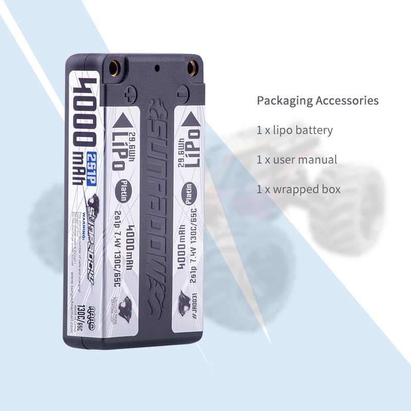 2024 Sunpadow TOP Series Lipo Battery 4000mAh 2S1P 7.4V 130C Hardcase with 4mm Bullet for RC Play