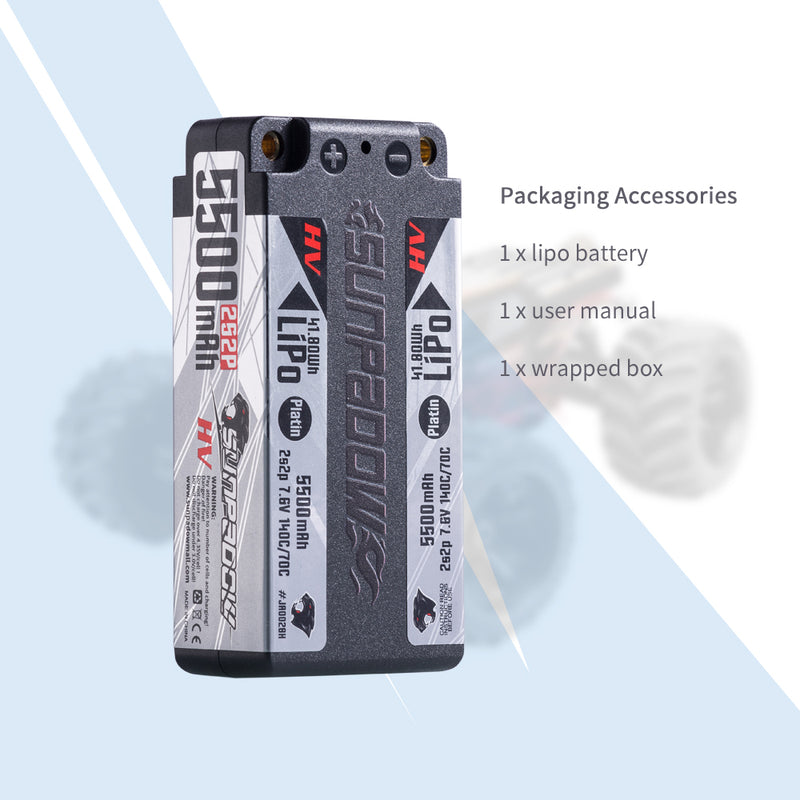 2024 Sunpadow HV Series Lipo Battery 5500mAh 7.6V 2S2P 140C with 4mm Bullet for RC Car Match