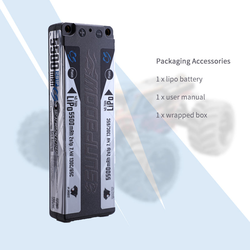 2025 Sunpadow TOP Series Lipo Battery 5500mAh 7.4V 2S1P 130C Stick ULGC with 4mm Bullet for RC Car Vehicle Play