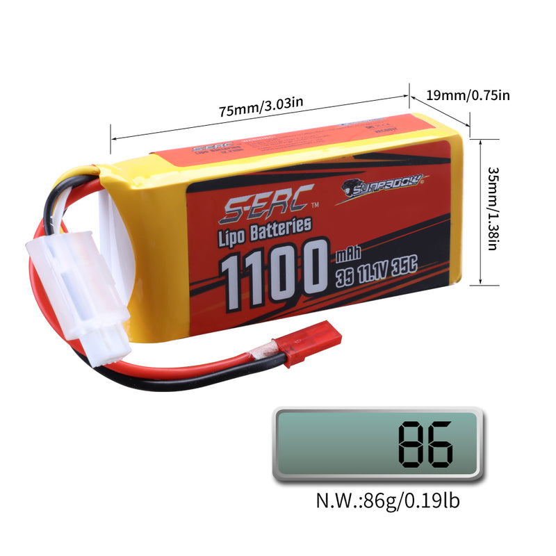 【Sunpadow】11.1V 3S RC Lipo Battery 35C 1100mAh with JST Plug for RC Drone Racing (2 Units/Pack)