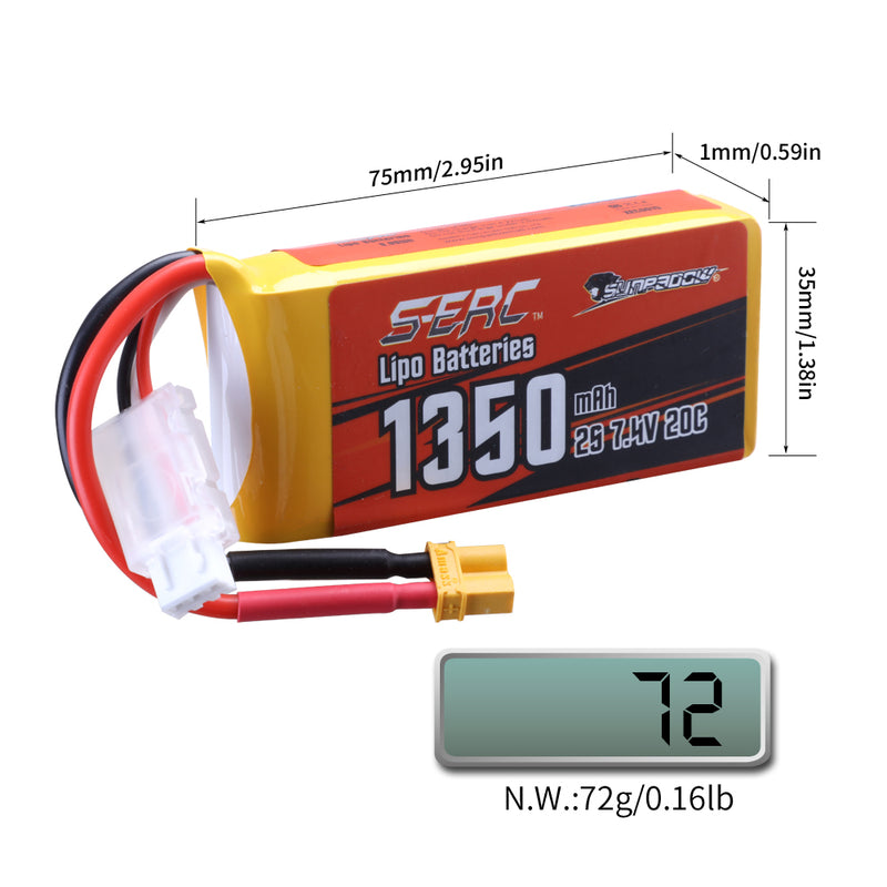 【Sunpadow】 7.4V 2S RC Lipo Battery 20C 1350mAh with XT30 Plug for RC Airplane Racing 2 Packs (Buy One Get Two)