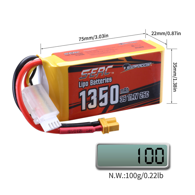 【Sunpadow】11.1V 3S RC Lipo Battery 25C 1350mAh for RC Airplane 2 units/pack