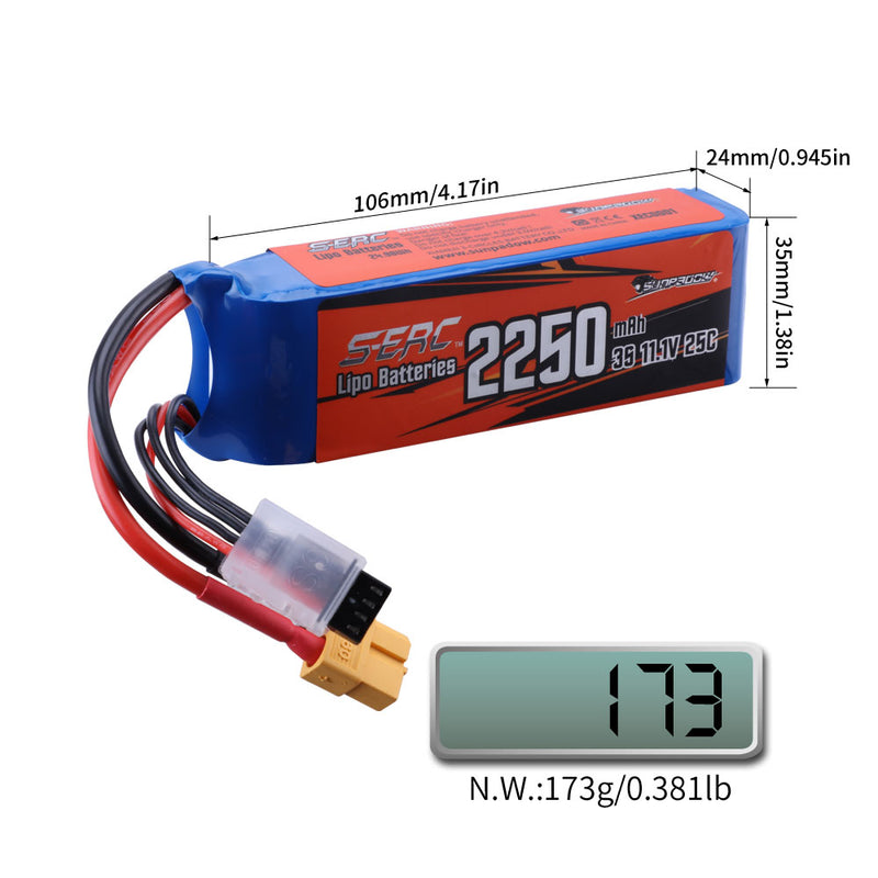 【Sunpadow】2pcs 3S 11.1V Lipo Battery 25C 2250mAh with XT60 Plug for RC Quadcopter Hobby