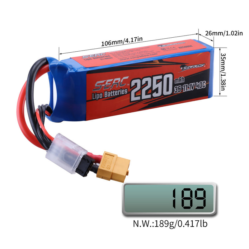 【Sunpadow】2pcs 3S Lipo Battery 11.1V 40C 2250mAh with XT60 Plug for RC Airplane Drone