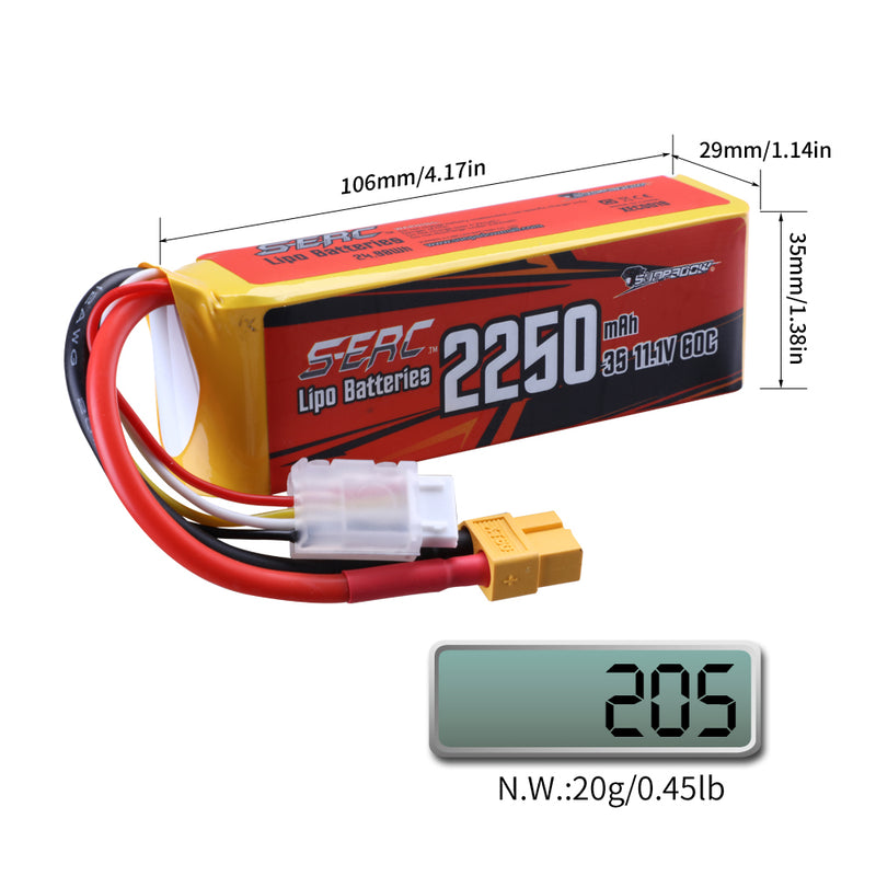 Sunpadow 2pcs 11.1V 3S RC Lipo Battery 60C 2250mAh with XT60 Plug for RC FPV Racing Hobby