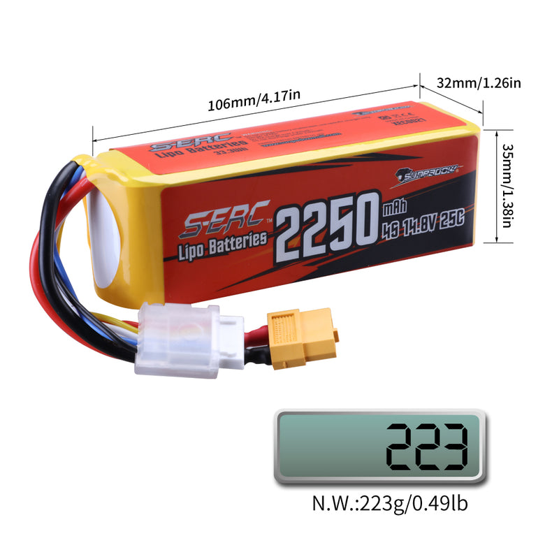 【Sunpadow】2pcs 14.8V 4S RC Lipo Battery 25C 2250mAh with XT60 Plug for RC Airplane Racing Hobby