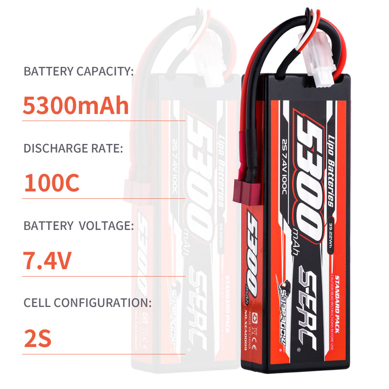 【Sunpadow】 2pcs 2S 7.4V 5300mAh 100C Lipo Battery T Plug for RC Car Plane DJI Truck Tank Buggy Racing Boat Models