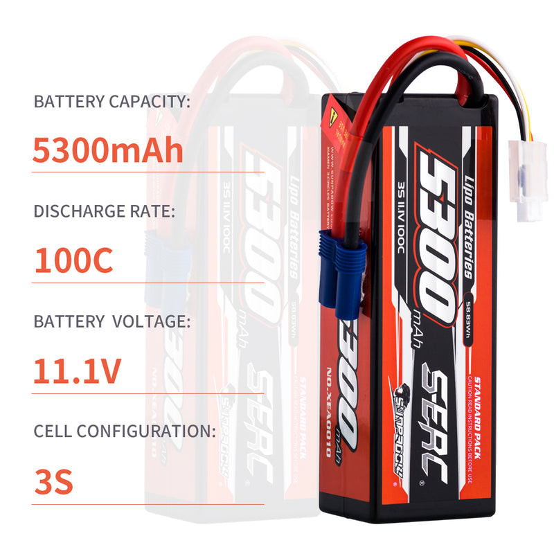 【Sunpadow】 2pcs  3S 11.1V 5300mAh 100C Lipo Battery EC5 Plug for RC Car Plane DJI Truck Tank Buggy Racing Boat Models