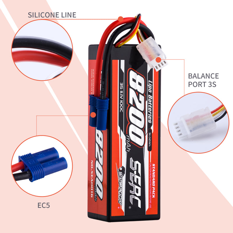 【Sunpadow】 3S 11.1V Lipo Battery 100C 8200mAh EC5 Plug  for RC Car Plane DJI Truck Tank Buggy Racing Boat Models