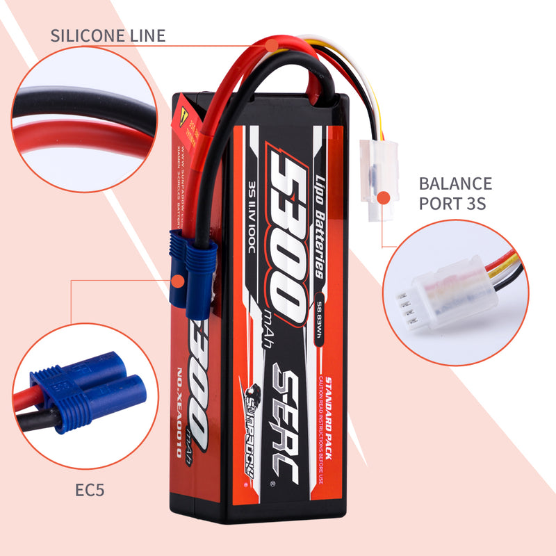 【Sunpadow】 2pcs  3S 11.1V 5300mAh 100C Lipo Battery EC5 Plug for RC Car Plane DJI Truck Tank Buggy Racing Boat Models