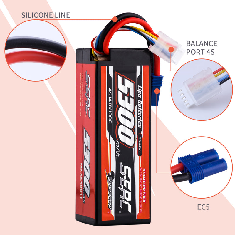 【Sunpadow】 2pcs 4S 14.8V 5300mAh 100C Lipo Battery EC5 Plug for RC Car Plane DJI Truck Tank Buggy Racing Boat Models