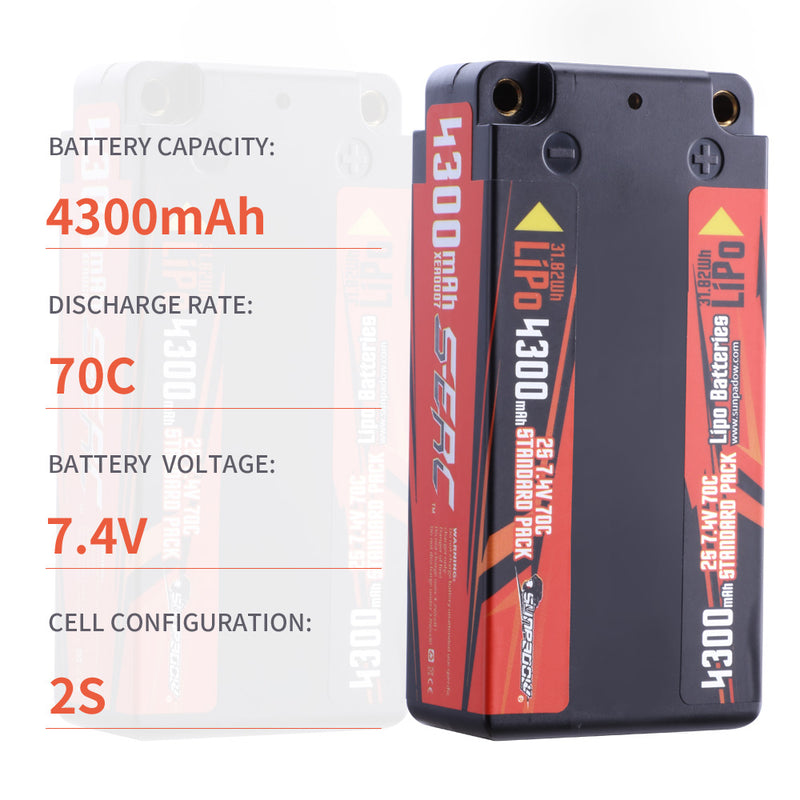 【Sunpadow】7.4V 2S Lipo Battery 4300mAh 70C Hard Case with 4mm Bullet for RC Car Racing