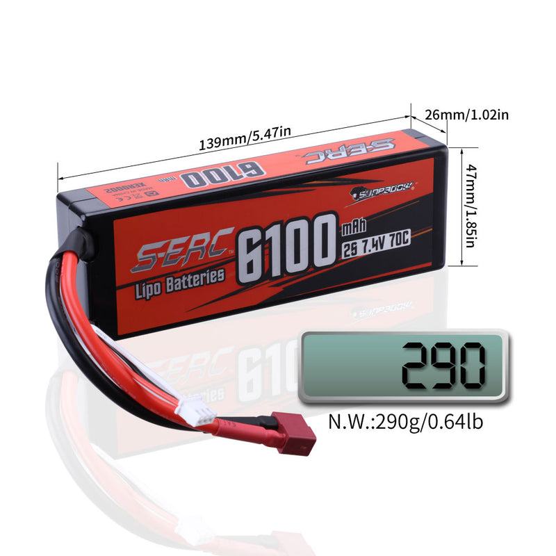 【Sunpadow】7.4V 2S Lipo Battery 6100mAh 70C Hard Case with Deans T Plug for RC Truck