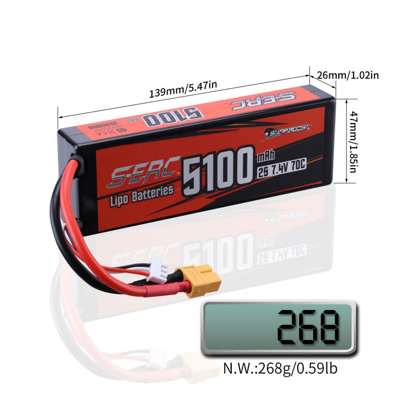 【Sunpadow】 2S 7.4V Lipo Battery 5100mAh 70C Hard Case with XT60 Connector