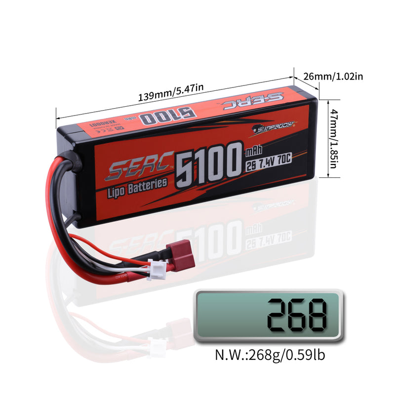 【Sunpadow】 2S 7.4V Lipo Battery 5100mAh 70C Hard Case with Deans T Plug for RC Car Hobby