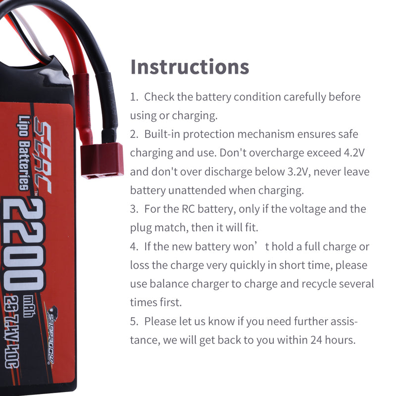 【Sunpadow】2pcs 2S Lipo Battery 7.4V 2200mAh 40C Soft Pack with Deans T Plug for RC Car Hobby