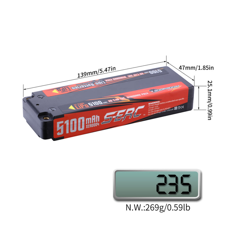 【Sunpadow】 2S Lipo Battery 7.4V 5100mAh 70C Hard Case for RC TruggyTank Racing Hobby