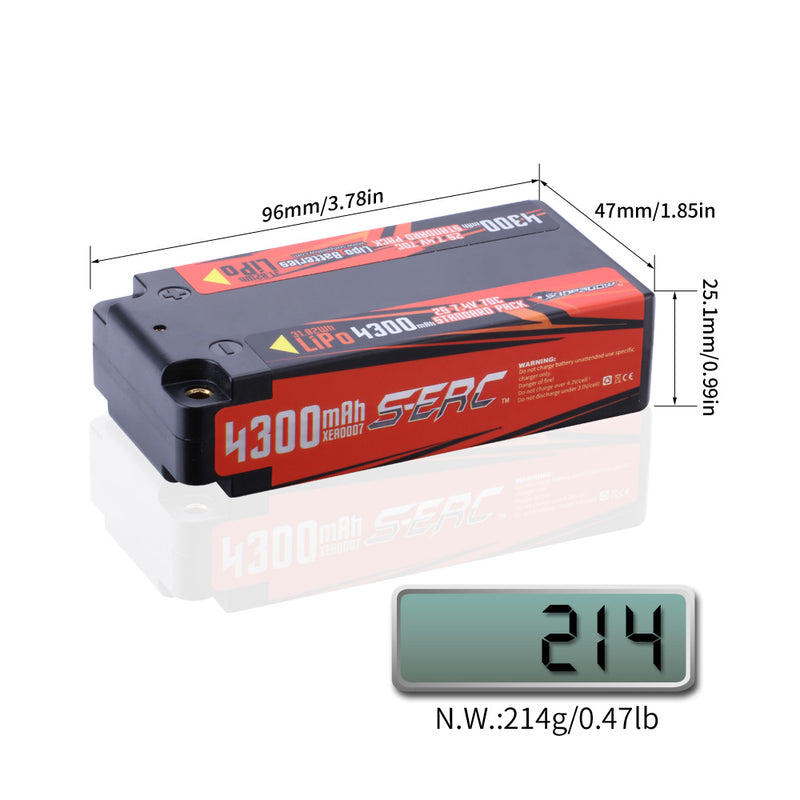 【Sunpadow】7.4V 2S Lipo Battery 4300mAh 70C Hard Case with 4mm Bullet for RC Car Racing