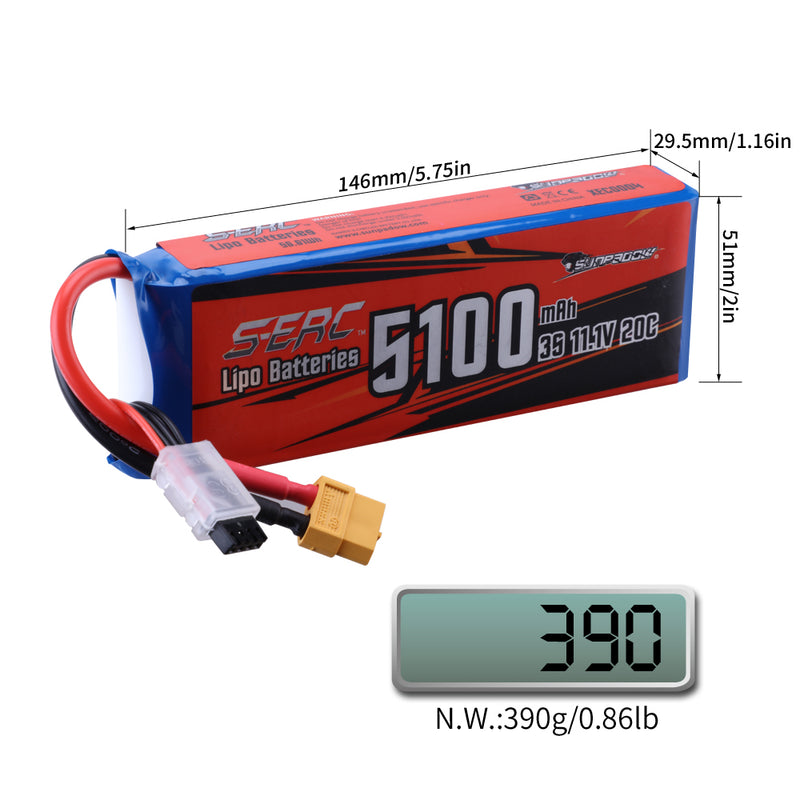 【Sunpadow】3S 11.1V RC Lipo Battery 20C 5100mAh with XT60 Plug for RC Drone Hobby