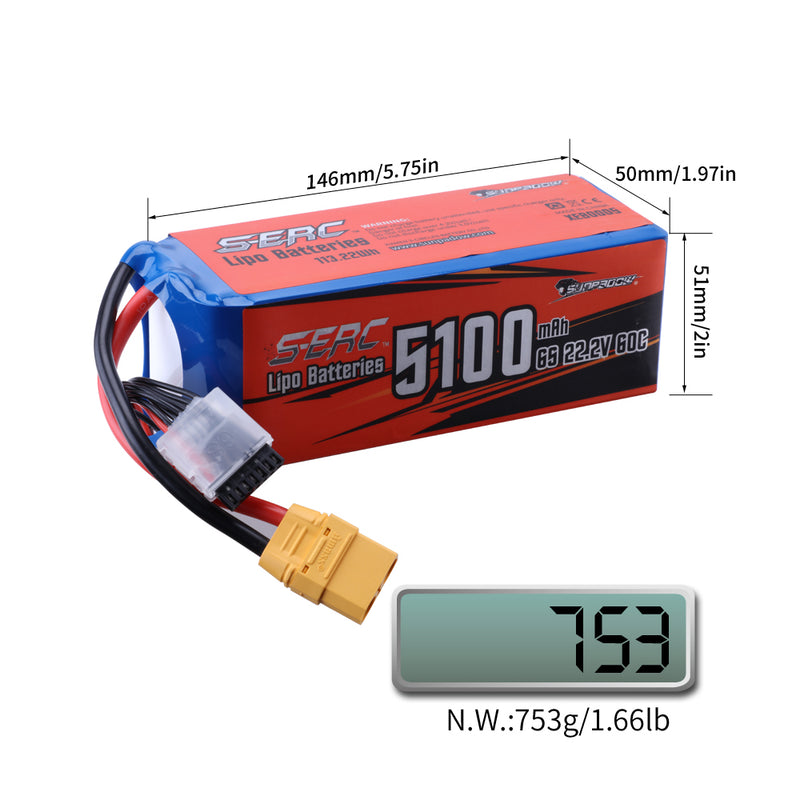 【Sunpadow】6S RC Lipo Battery 22.2V 60C 5100mAh with XT90 Plug for RC Drone Racing