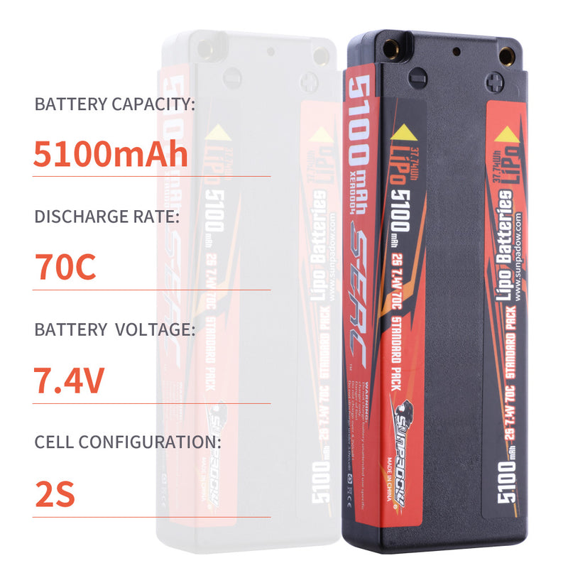 【Sunpadow】 2S Lipo Battery 7.4V 5100mAh 70C Hard Case for RC TruggyTank Racing Hobby