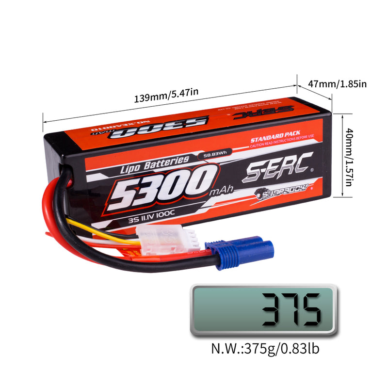 【Sunpadow】 2pcs  3S 11.1V 5300mAh 100C Lipo Battery EC5 Plug for RC Car Plane DJI Truck Tank Buggy Racing Boat Models