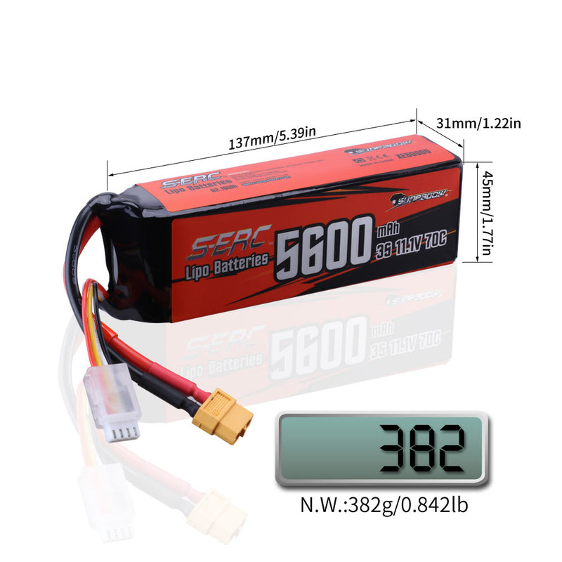 【Sunpadow】11.1V 3S LiPo Battery 5600mAh 70C with XT60 Connector Soft Pack for RC Car RC Truck