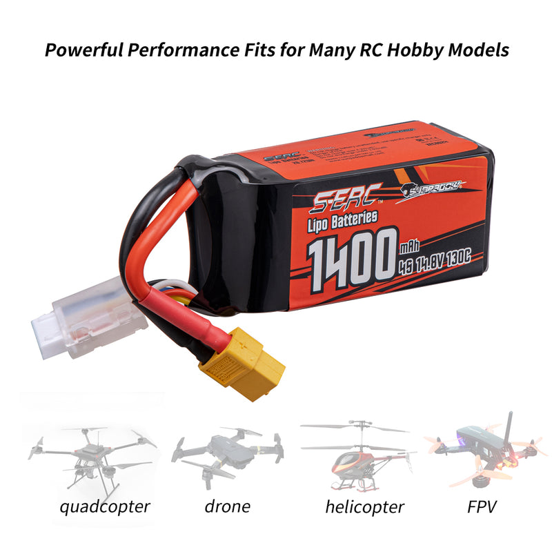 【Sunpadow】 4S 14.8V Lipo Battery 1400mAh 130C Soft Pack with XT60 Plug for RC Helicopter
