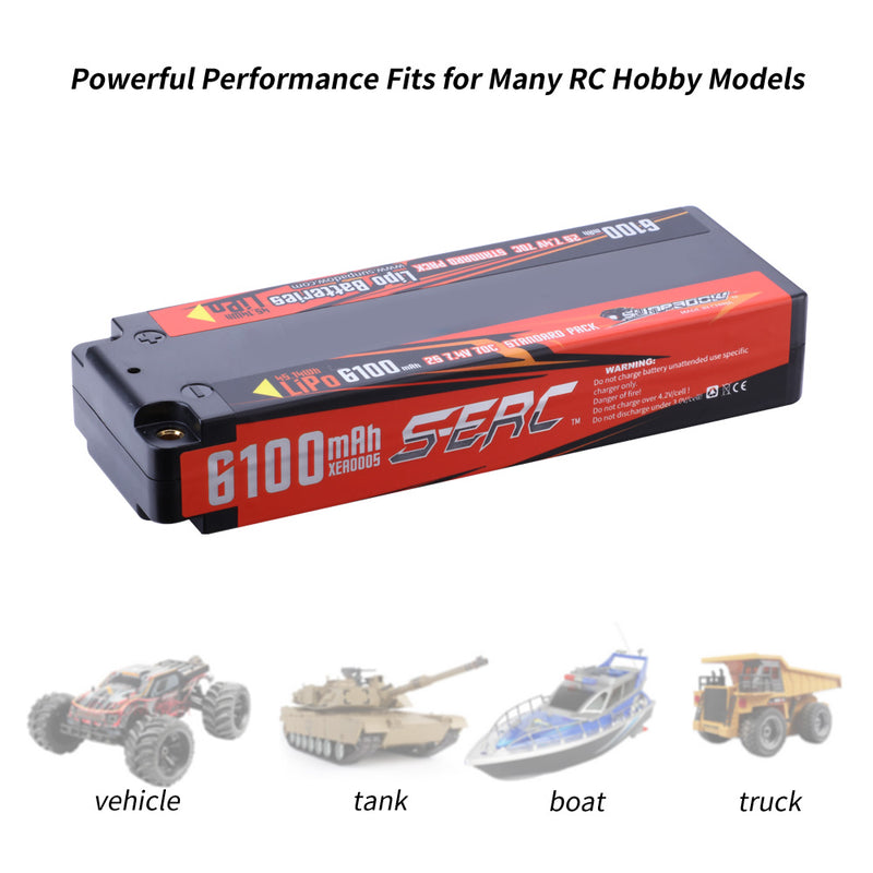 【Sunpadow】7.4V Lipo Battery 2S 6100mAh 70C Hard Case with 4mm Bullet for RC Car Hobby