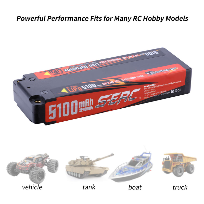 【Sunpadow】 2S Lipo Battery 7.4V 5100mAh 70C Hard Case for RC TruggyTank Racing Hobby