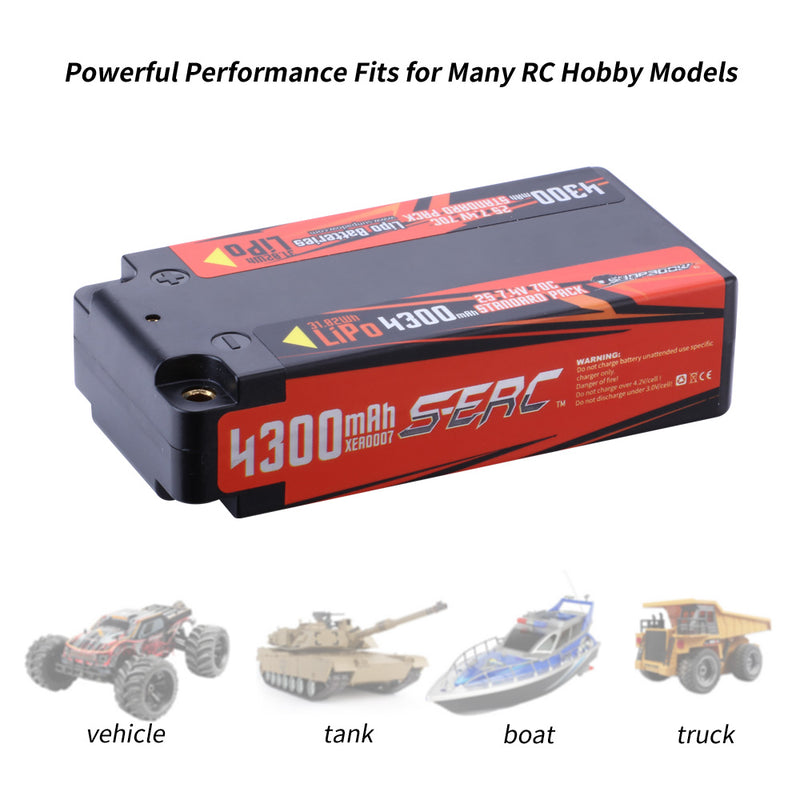 【Sunpadow】7.4V 2S Lipo Battery 4300mAh 70C Hard Case with 4mm Bullet for RC Car Racing