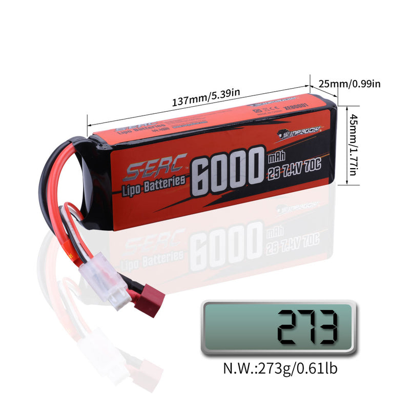 【Sunpadow】 2S Lipo Battery 7.4V 6000mAh 70C Soft Pack with Deans T Plug for RC Car
