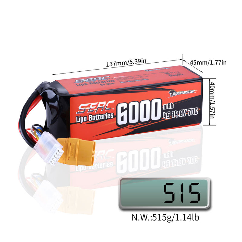 【Sunpadow】 4S Lipo Battery 14.8V 6000mAh 70C Soft Pack with XT90 Connector For RC Car