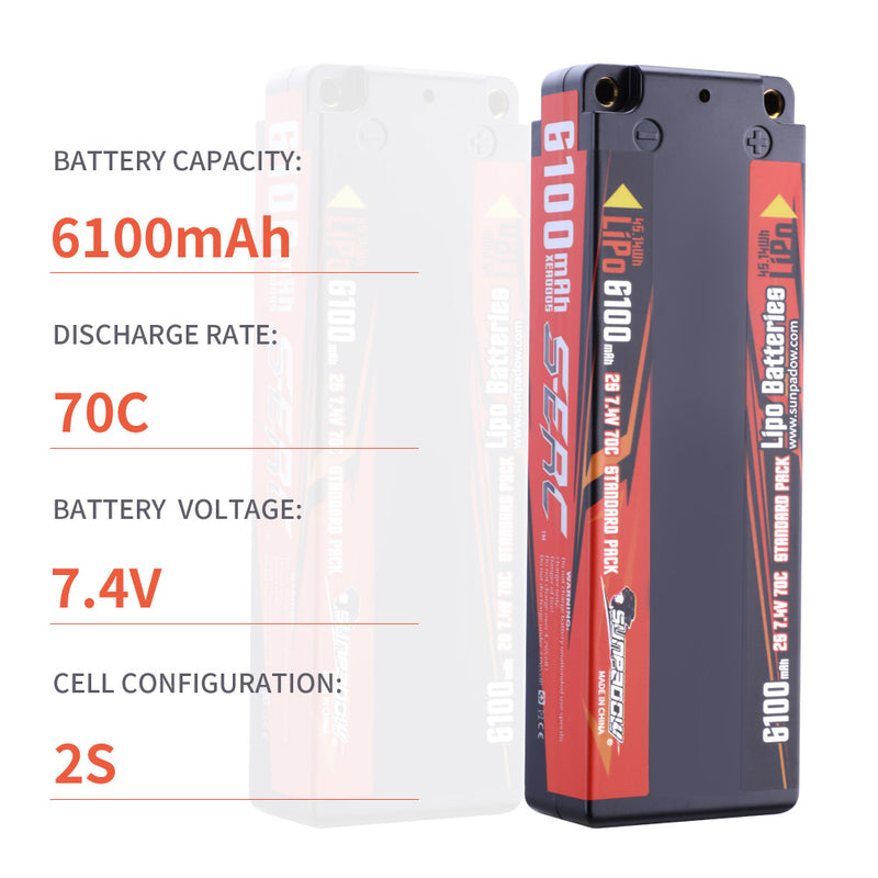 【Sunpadow】7.4V Lipo Battery 2S 6100mAh 70C Hard Case with 4mm Bullet for RC Car Hobby