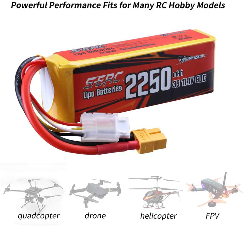 Sunpadow 2pcs 11.1V 3S RC Lipo Battery 60C 2250mAh with XT60 Plug for RC FPV Racing Hobby