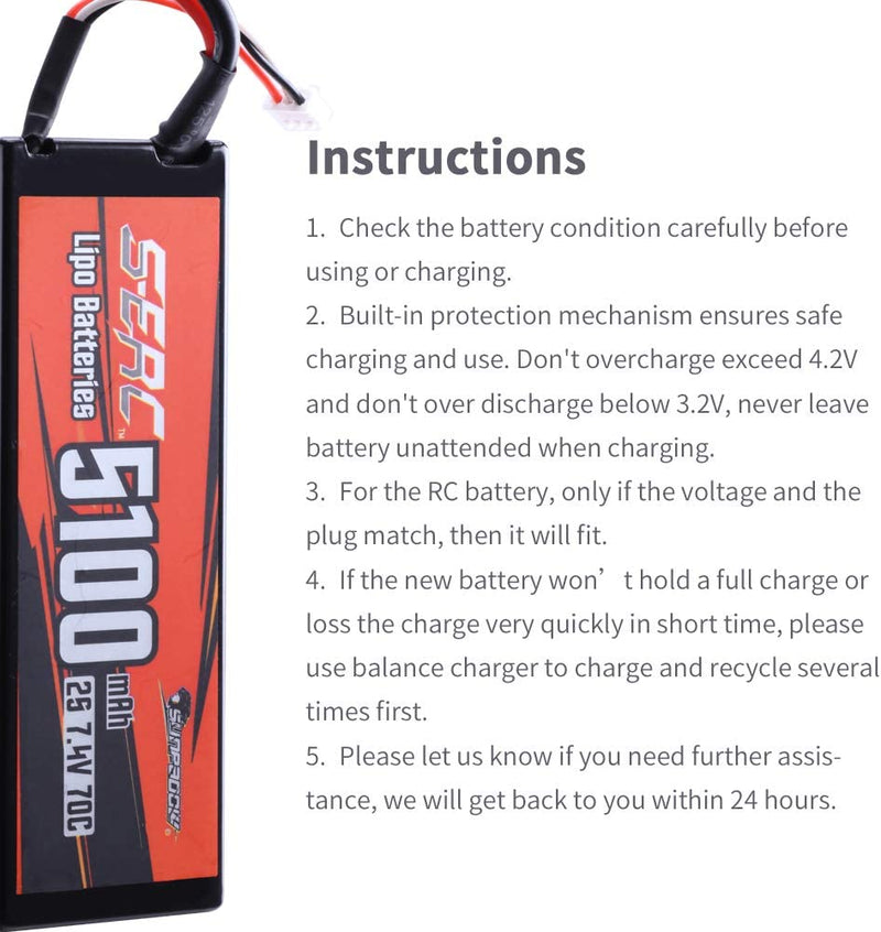 【Sunpadow】 2S 7.4V Lipo Battery 5100mAh 70C Hard Case with Deans T Plug for RC Car Hobby