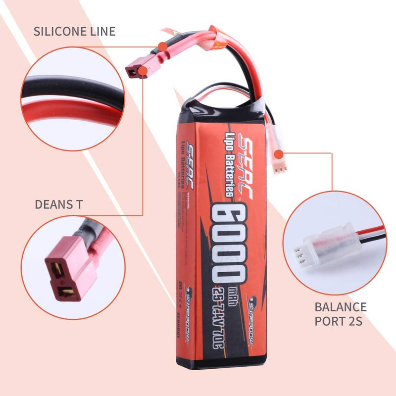 【Sunpadow】 2S Lipo Battery 7.4V 6000mAh 70C Soft Pack with Deans T Plug for RC Car