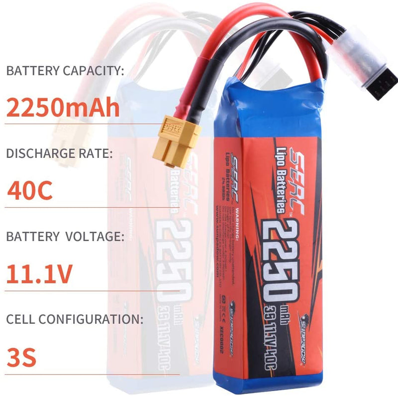 【Sunpadow】2pcs 3S Lipo Battery 11.1V 40C 2250mAh with XT60 Plug for RC Airplane Drone