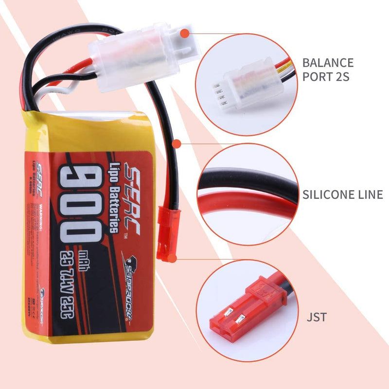 【Sunpadow】7.4V 2S RC Lipo Battery 25C 900mAh with JST Plug for RC Airplane Racing 2 Packs (Buy One Get Two)