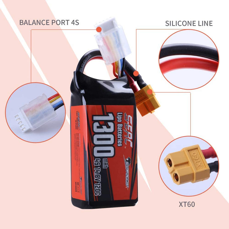 【Sunpadow】 4S 14.8V Lipo Battery 1300mAh 120C Soft Pack with XT60 Connector for FPV 2 Packs (Buy One Get Two)