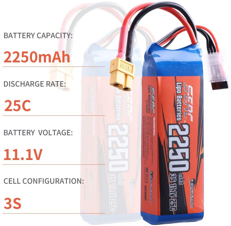 【Sunpadow】2pcs 3S 11.1V Lipo Battery 25C 2250mAh with XT60 Plug for RC Quadcopter Hobby