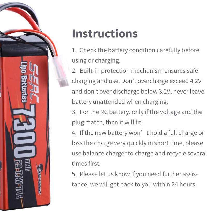 【Sunpadow】2S 7.4V Lipo Battery 7300mAh 70C Soft Pack with Deans T Plug for RC Vehicles Hobby