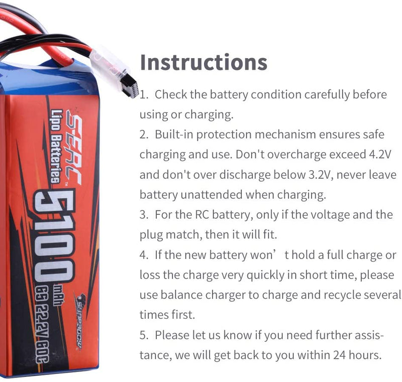 【Sunpadow】6S RC Lipo Battery 22.2V 60C 5100mAh with XT90 Plug for RC Drone Racing