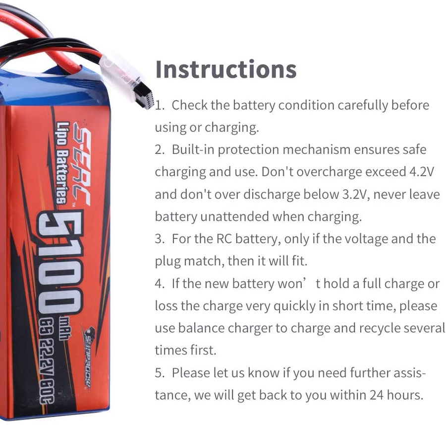 Sunpadow】6S RC Lipo Battery 22.2V 60C 5100mAh with XT90