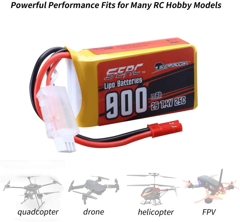 【Sunpadow】7.4V 2S RC Lipo Battery 25C 900mAh with JST Plug for RC Airplane Racing 2 Packs (Buy One Get Two)